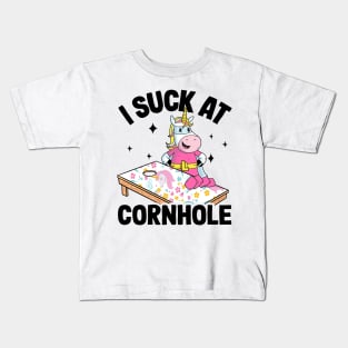 I Suck At Cornhole Loser Funny Sarcastic Joke Pink Unicorn Kids T-Shirt